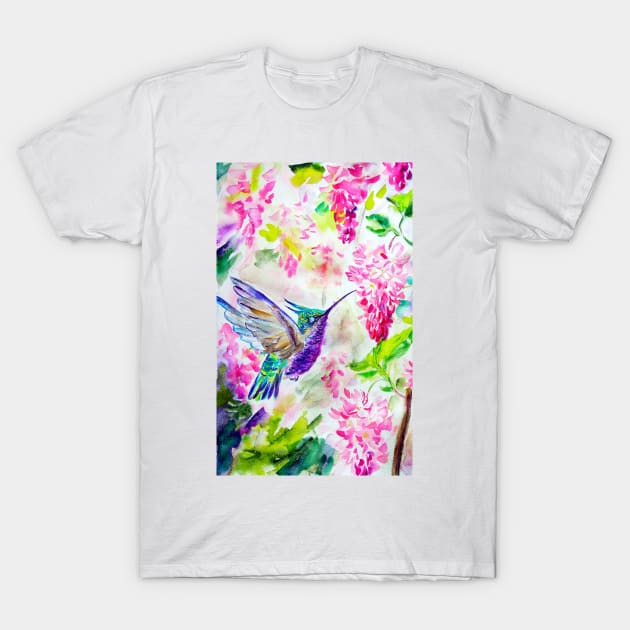 Hummingbird in flower garden T-Shirt by Orangerinka